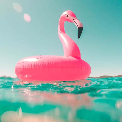 An inflatable pink flamingo