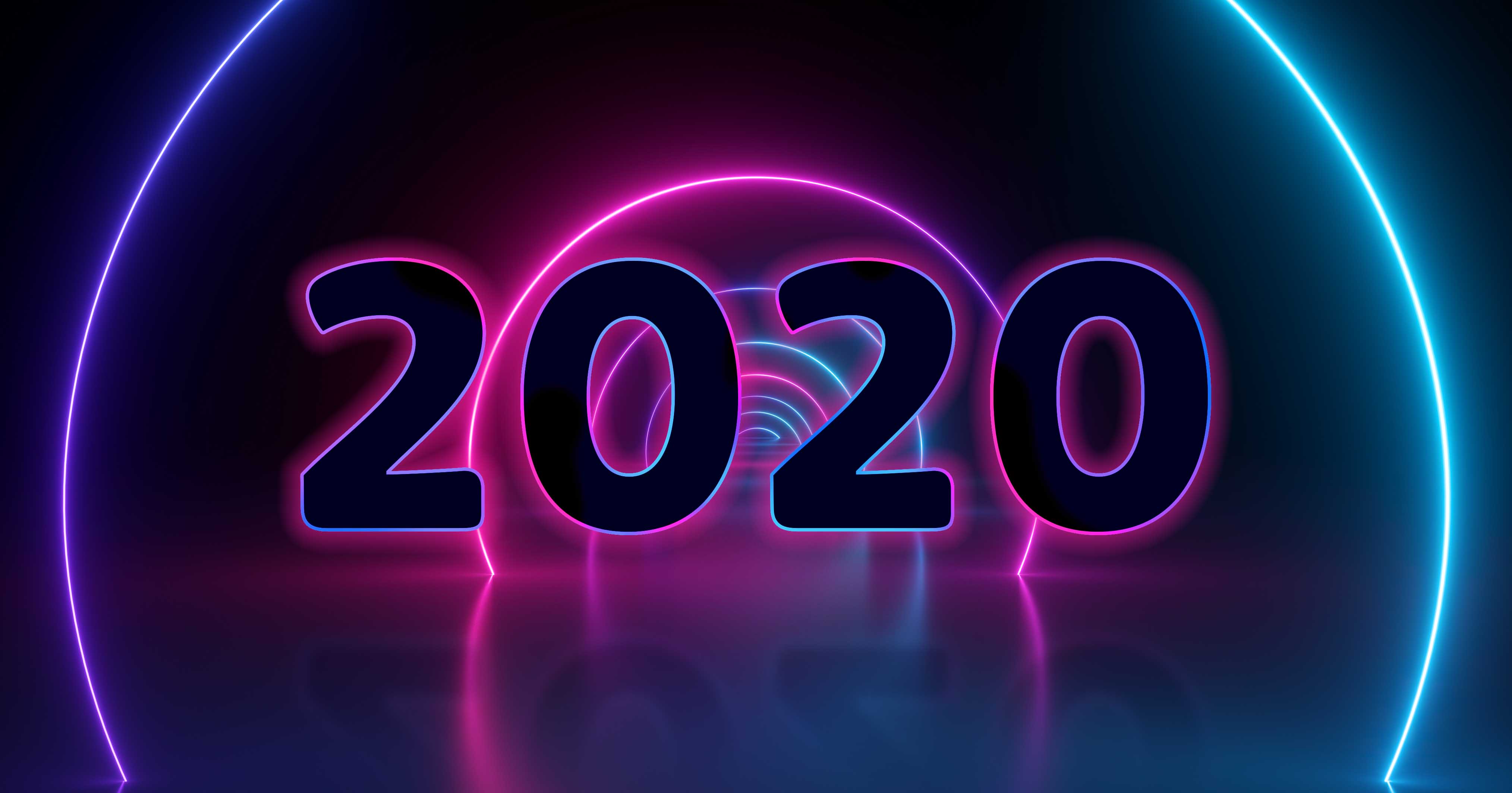 An iamge of the number '2020' against a neon background.